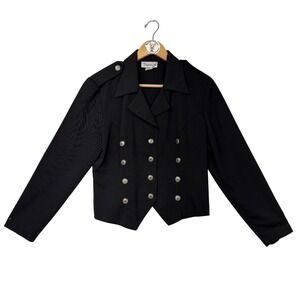 Vintage THANX Military Cropped Jacket Black Double Breasted Epaulet 80s Small